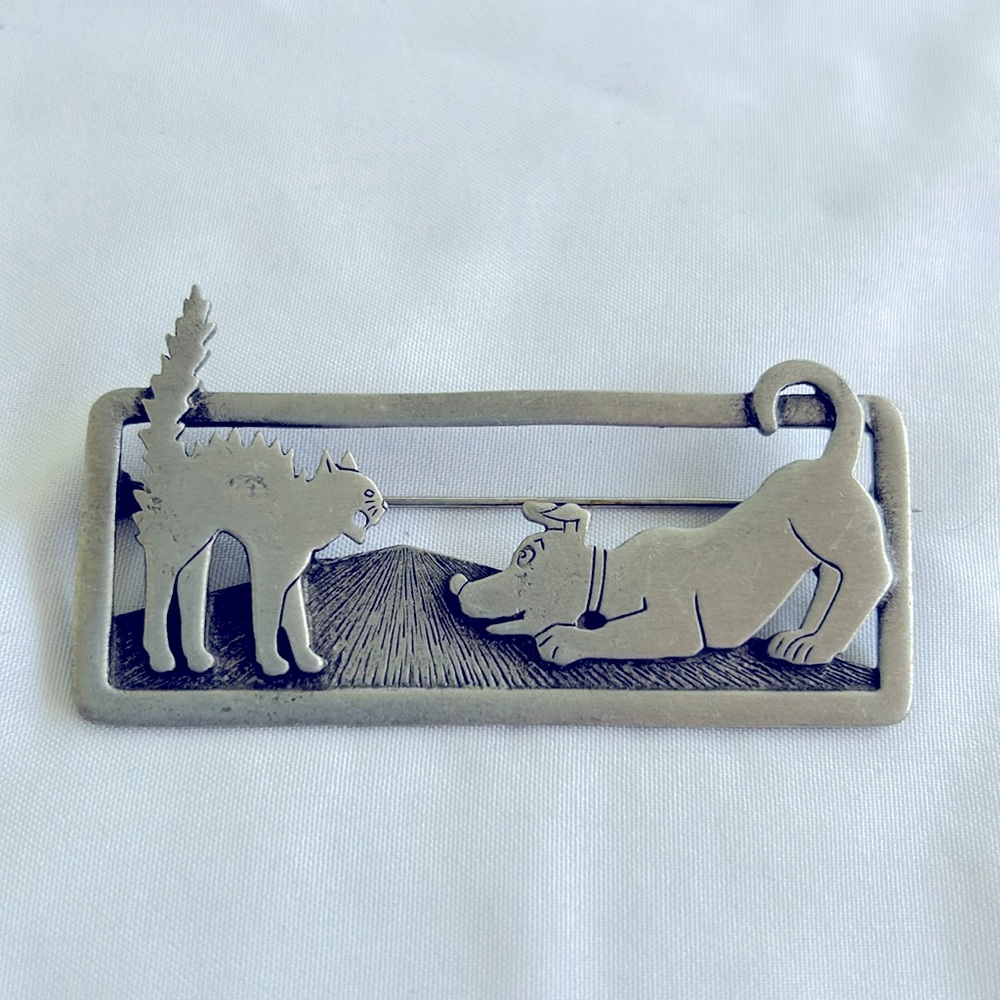 Vintage JJ Signed Cat and Dog Brooch